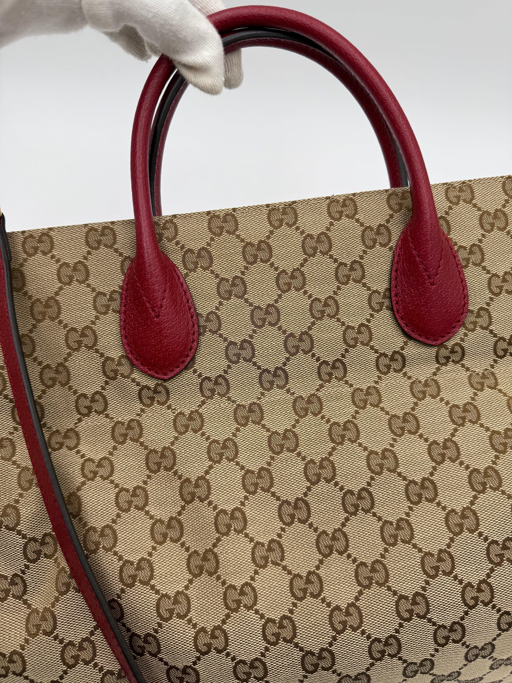 Gucci-Borsa-Tote-Soft-in-Tela-GG-Supreme-e-Pelle-Martellata-Rossa-70420575650116 - Pally Vintage Closet