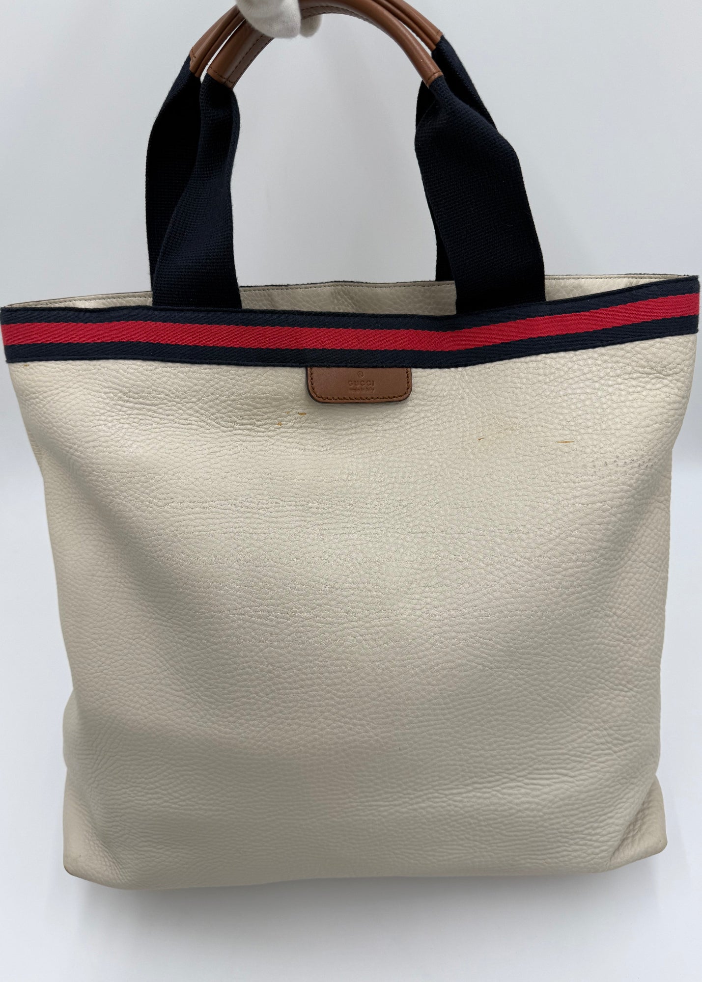 Gucci Borsa Tote Vintage in Pelle Avorio con Dettagli Web