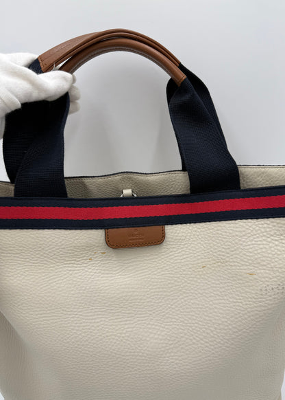 Gucci Borsa Tote Vintage in Pelle Avorio con Dettagli Web