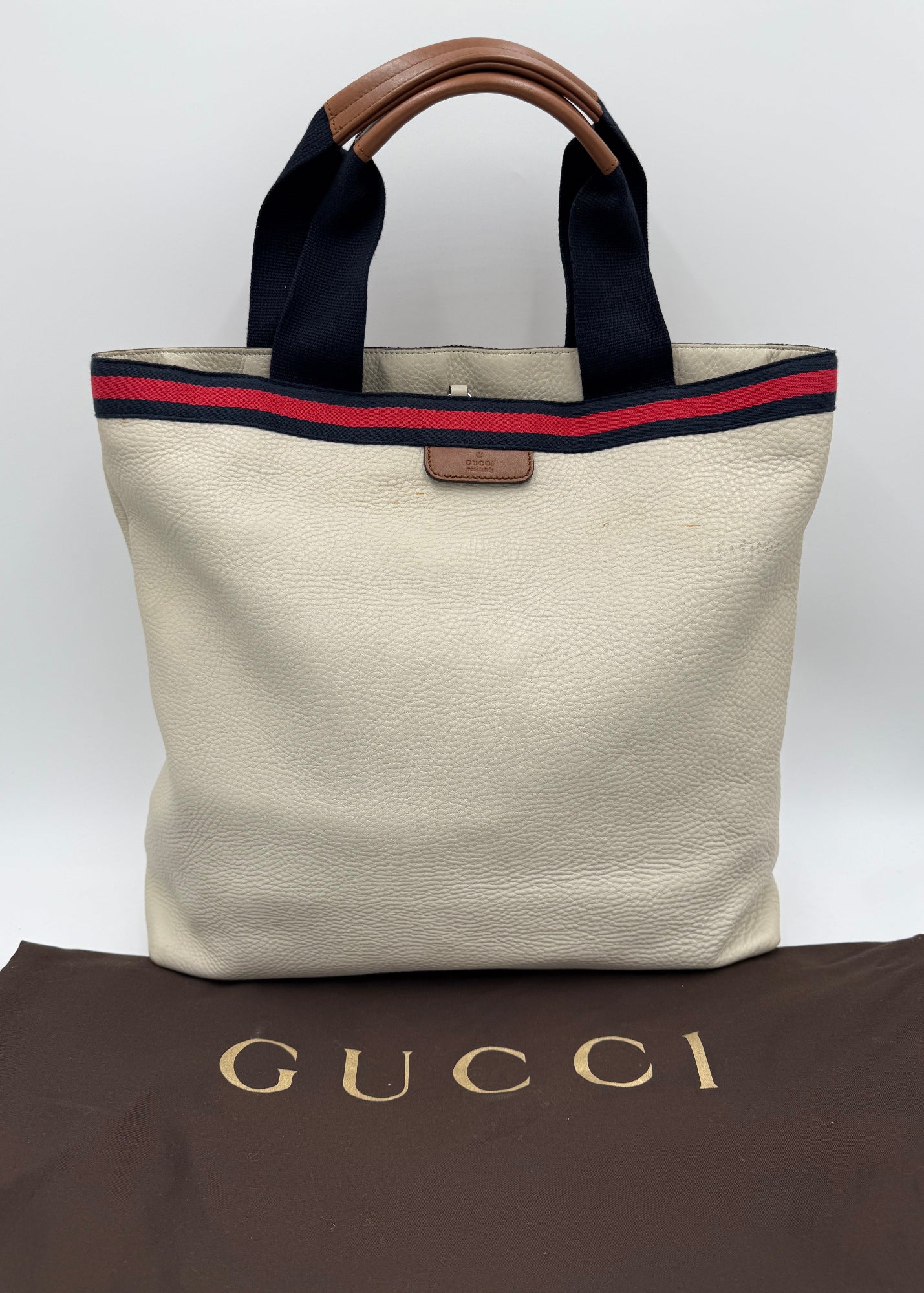 Gucci Borsa Tote Vintage in Pelle Avorio con Dettagli Web