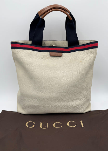 Gucci Borsa Tote Vintage in Pelle Avorio con Dettagli Web
