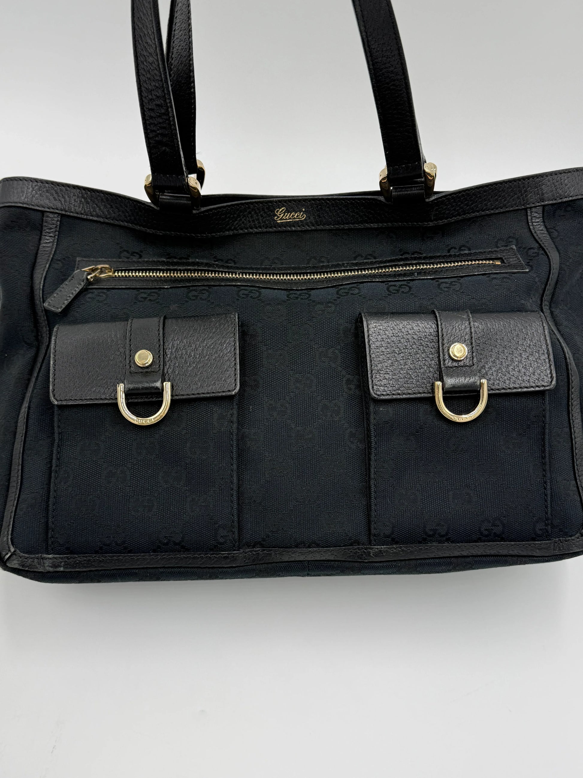 Gucci-Borsa-Tote-Vintage-in-Tela-GG-Monogram-e-Pelle-Nera-69515580899652 - Pally Vintage Closet
