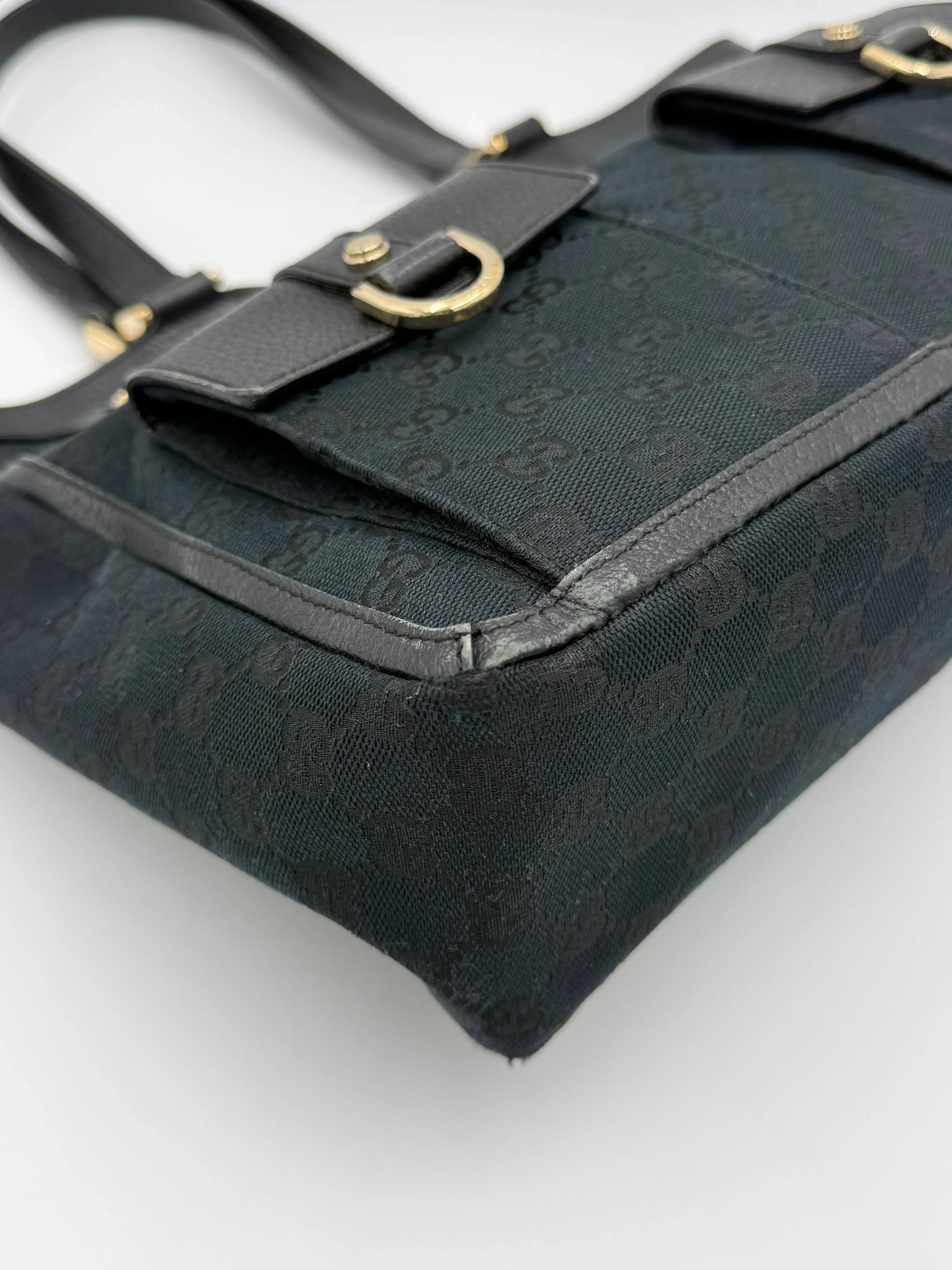 Gucci-Borsa-Tote-Vintage-in-Tela-GG-Monogram-e-Pelle-Nera-69515581030724 - Pally Vintage Closet