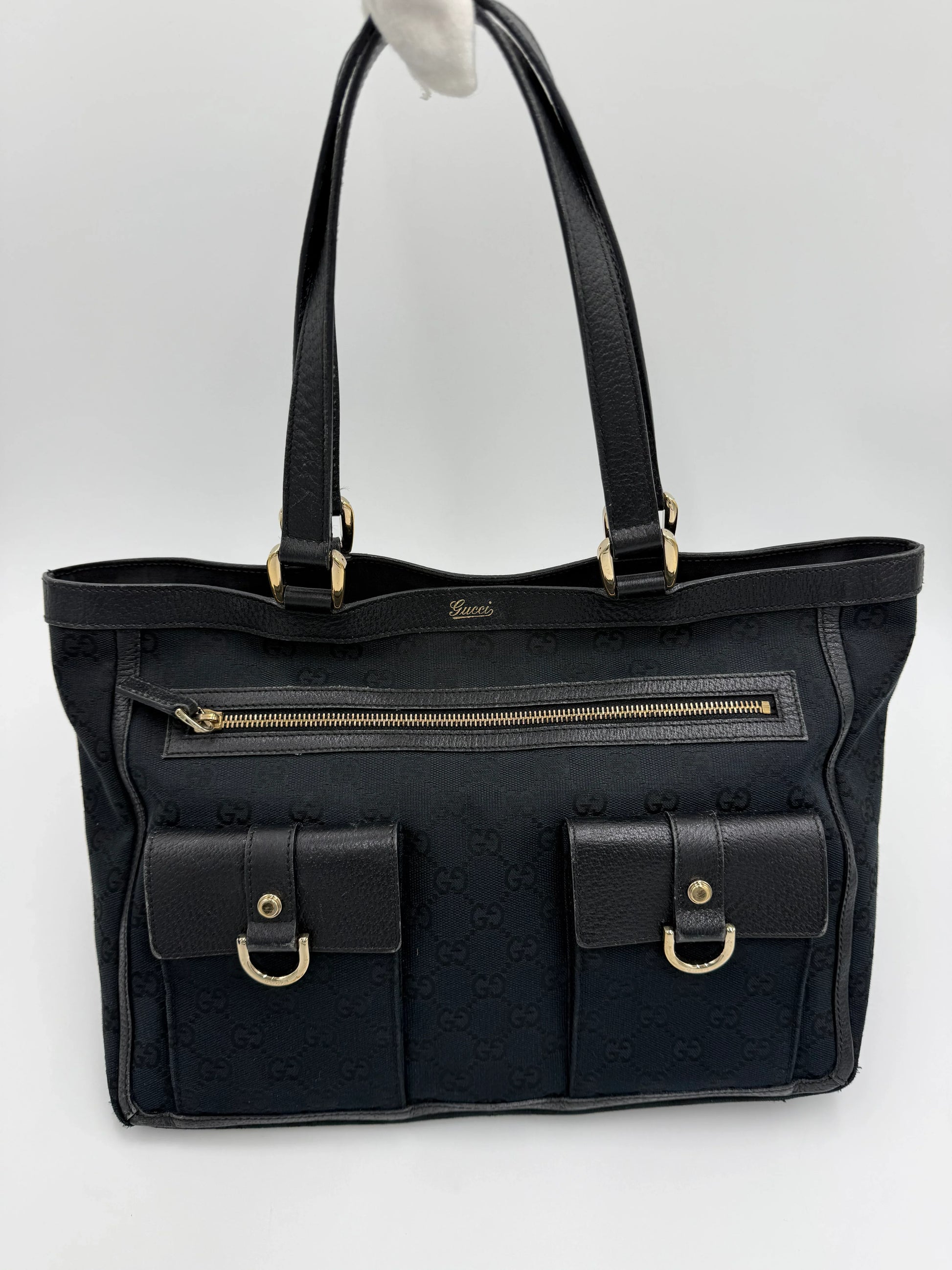 Gucci-Borsa-Tote-Vintage-in-Tela-GG-Monogram-e-Pelle-Nera-69515581096260 - Pally Vintage Closet