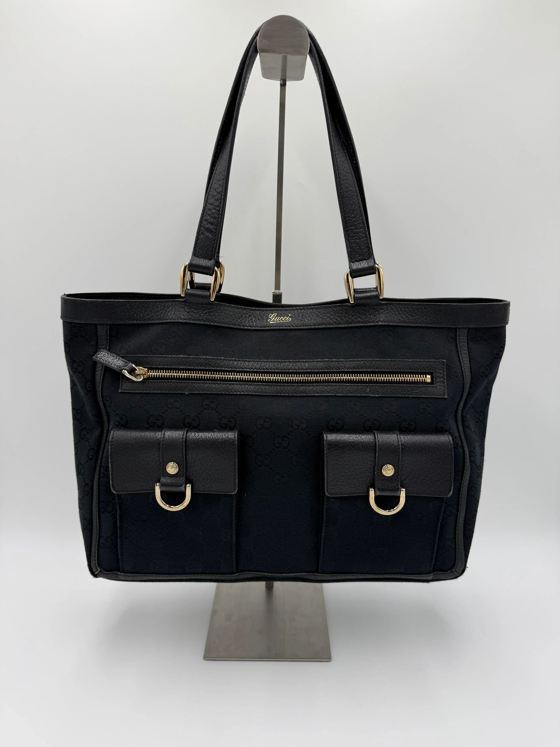 Gucci-Borsa-Tote-Vintage-in-Tela-GG-Monogram-e-Pelle-Nera-69515581161796 - Pally Vintage Closet