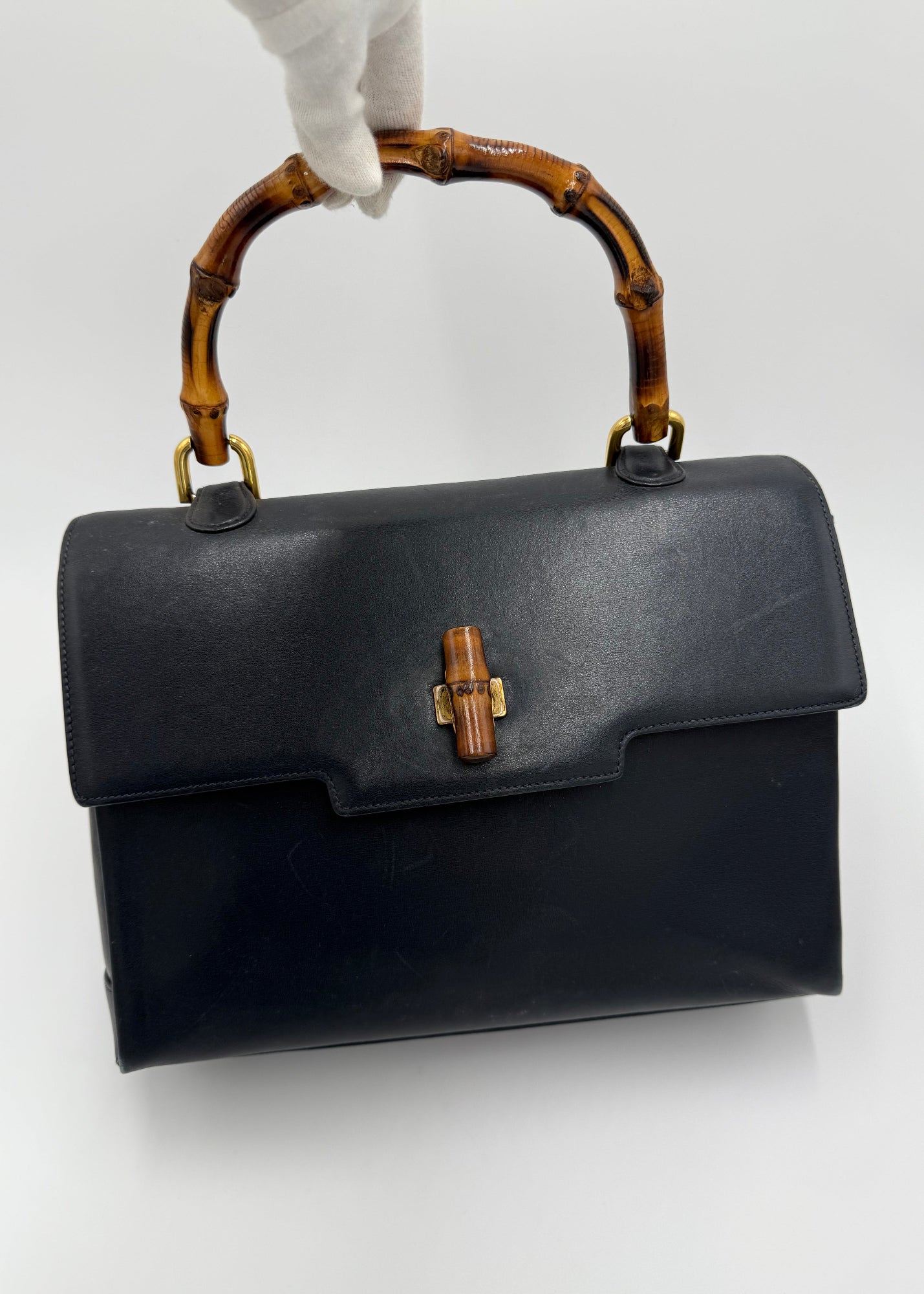 Gucci Borsa Vintage Bamboo Top Handle Blu Navy
