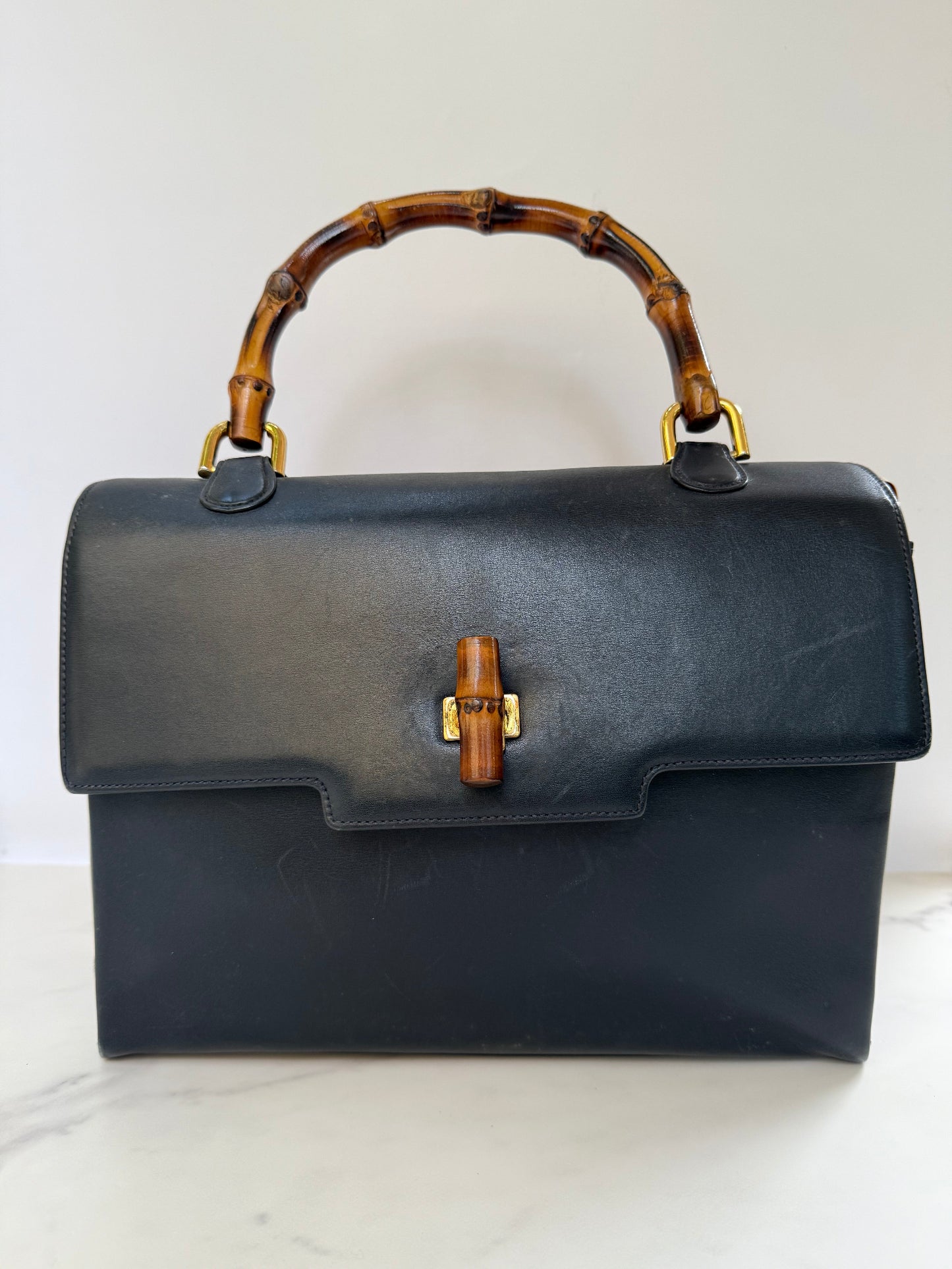 Gucci Borsa Vintage Bamboo Top Handle Blu Navy