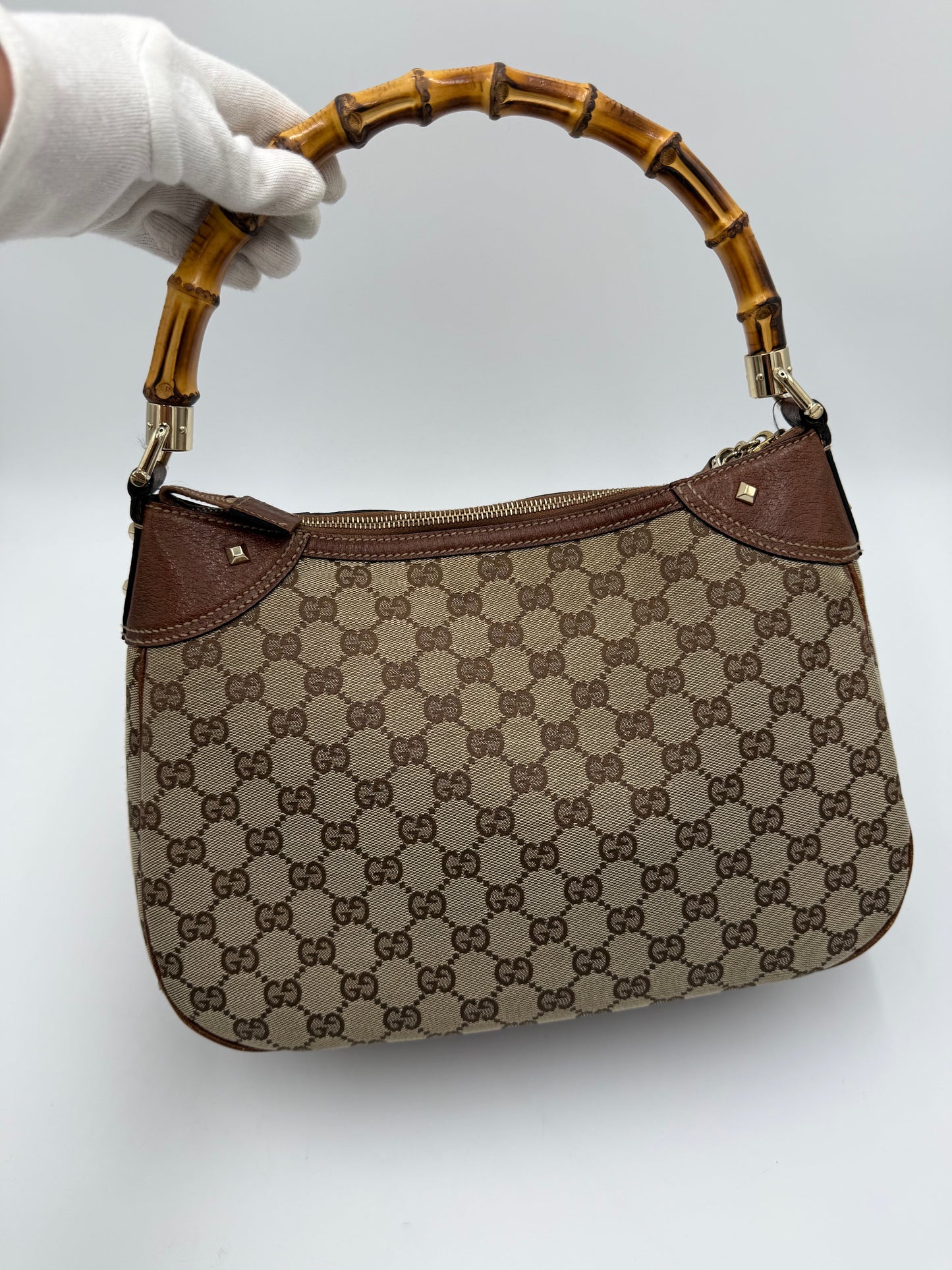 Gucci Borsa Vintage Bamboo in Tela GG Monogram e Pelle Marrone - Pally Vintage Closet