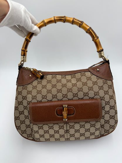 Gucci Borsa Vintage Bamboo in Tela GG Monogram e Pelle Marrone - Pally Vintage Closet