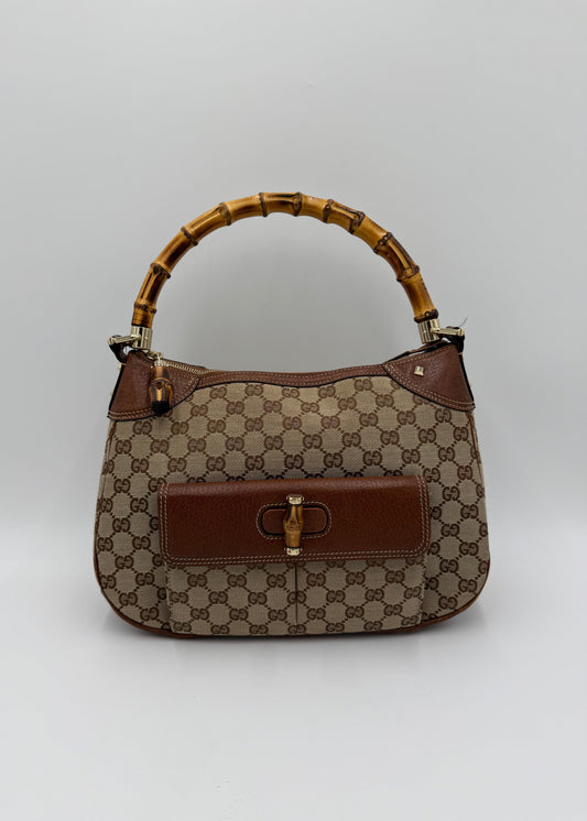 Gucci Borsa Vintage Bamboo in Tela GG Monogram e Pelle Marrone - Pally Vintage Closet