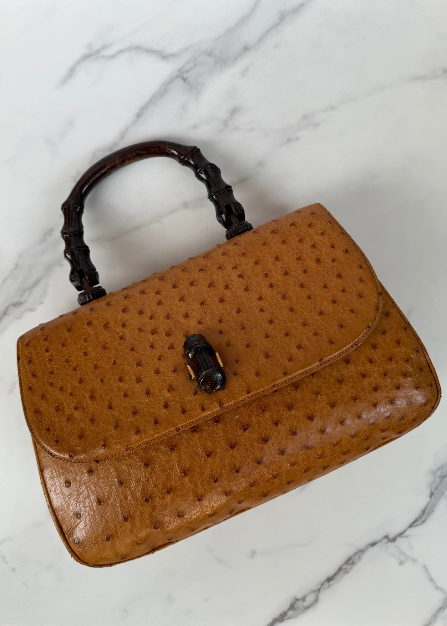 Gucci Borsa Vintage Convertible Bamboo Top Handle in Struzzo Cognac
