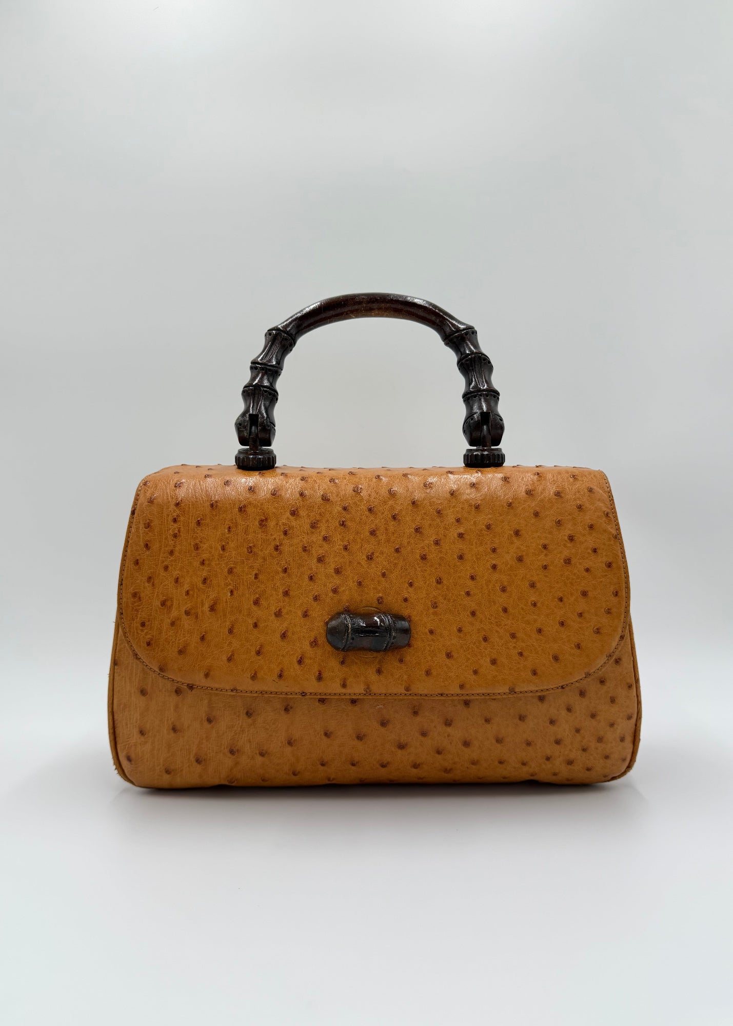 Gucci Borsa Vintage Convertible Bamboo Top Handle in Struzzo Cognac