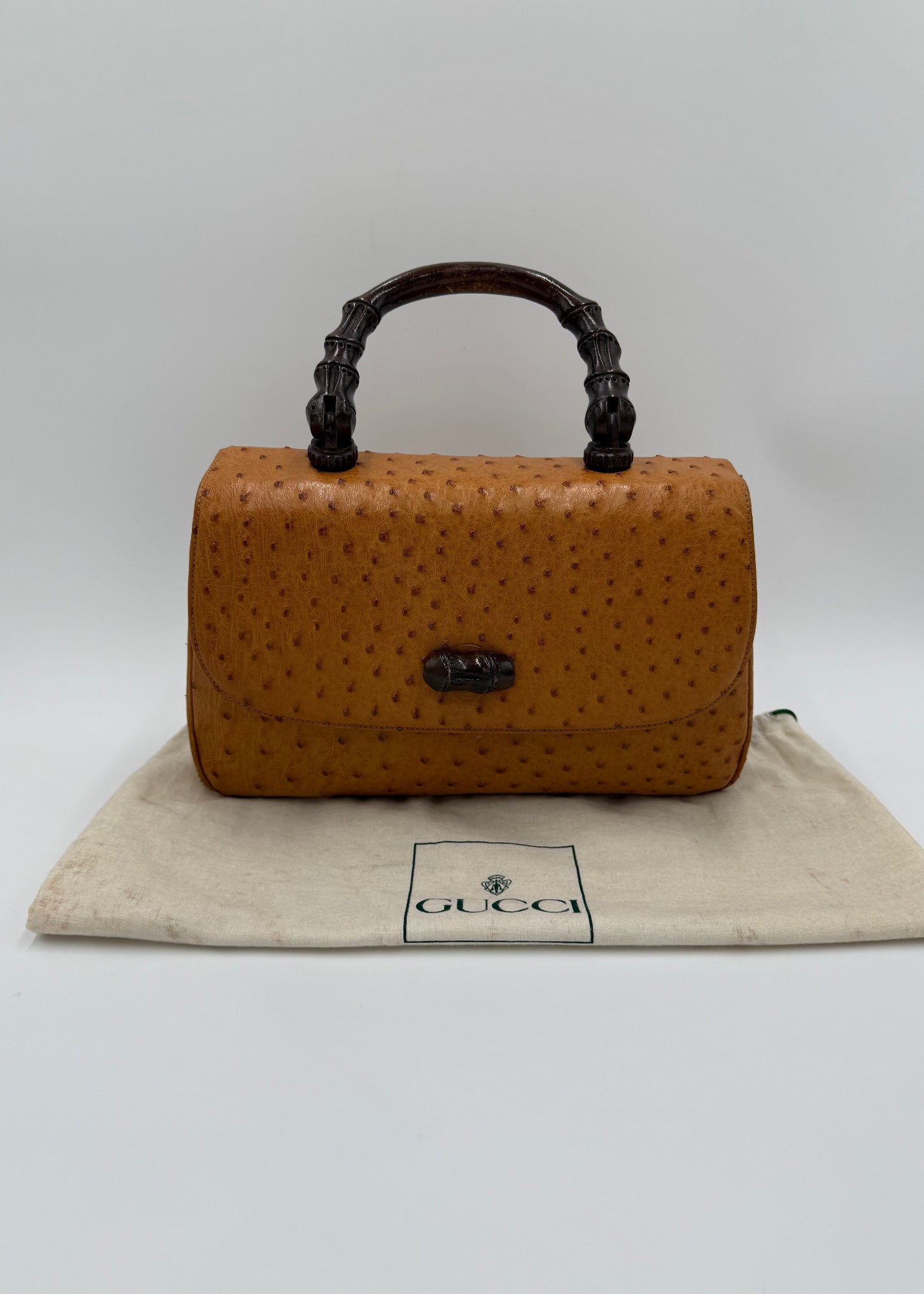 Gucci Borsa Vintage Convertible Bamboo Top Handle in Struzzo Cognac