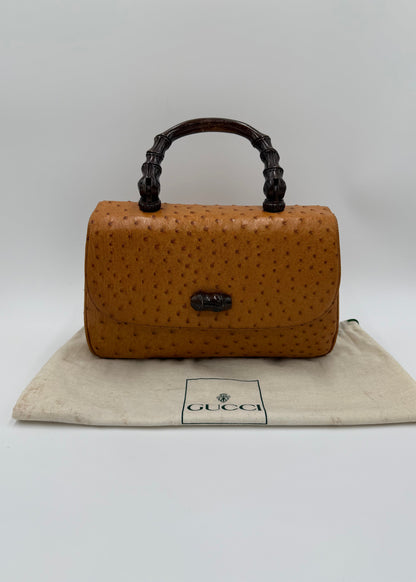 Gucci Borsa Vintage Convertible Bamboo Top Handle in Struzzo Cognac