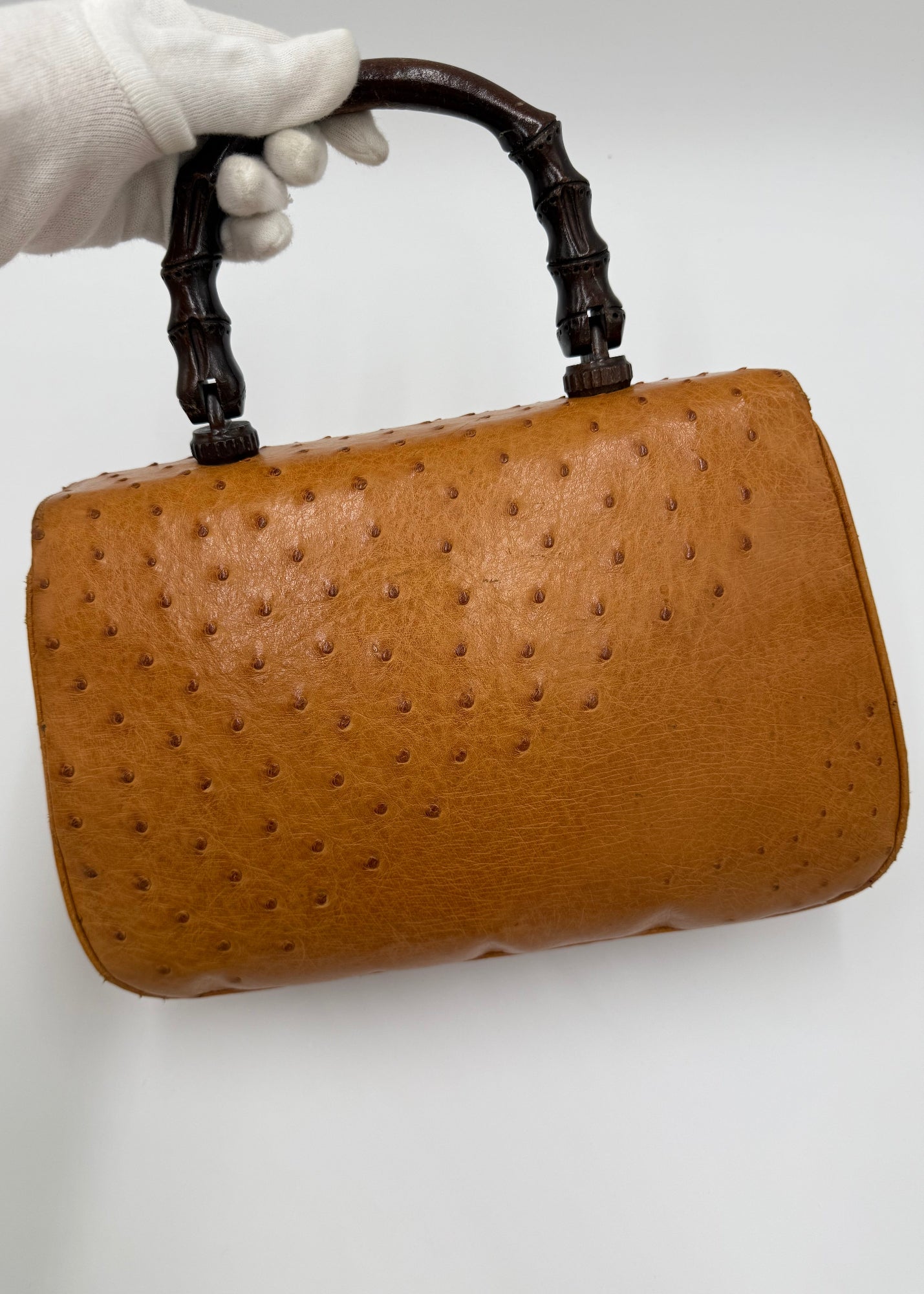 Gucci Borsa Vintage Convertible Bamboo Top Handle in Struzzo Cognac