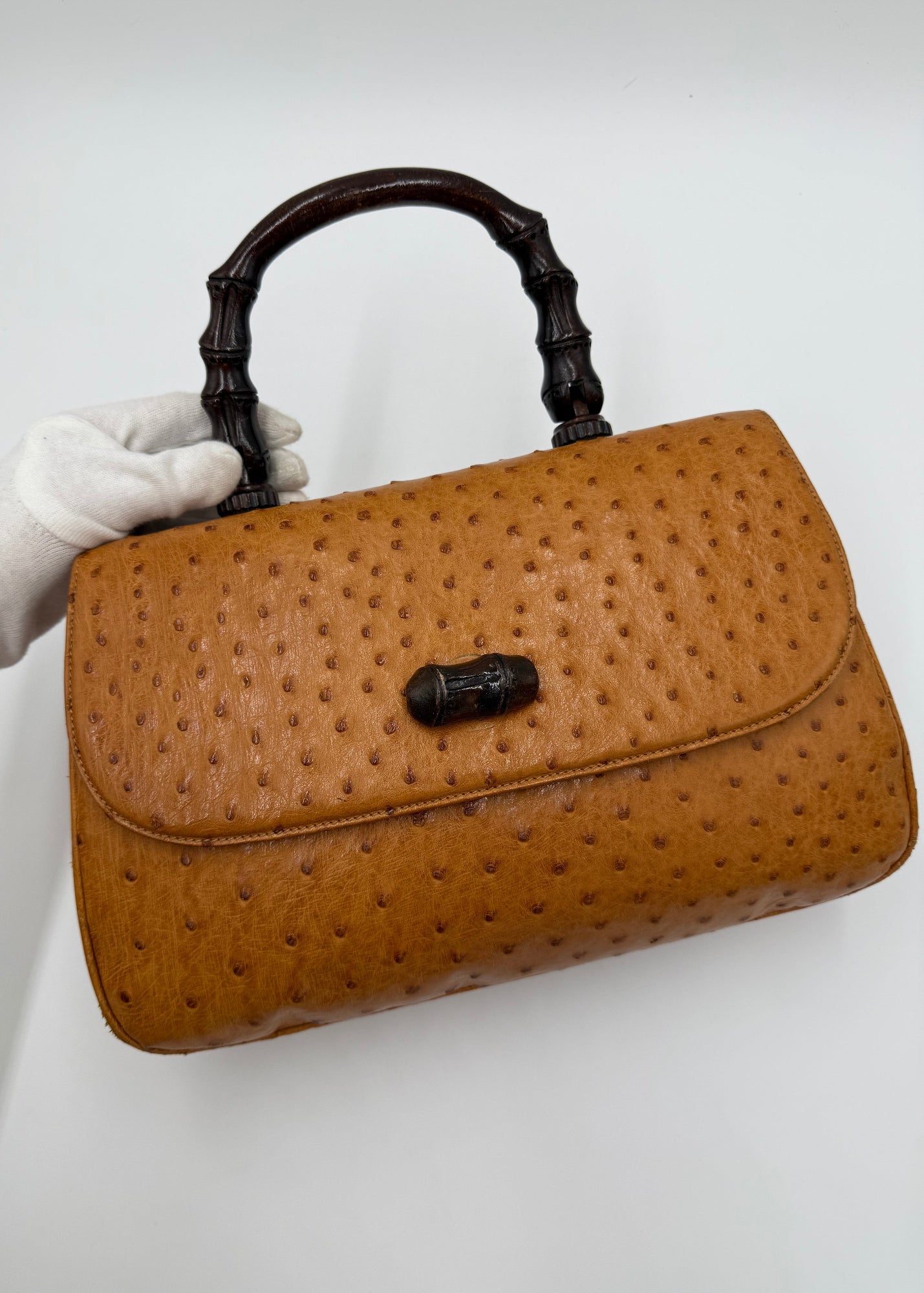 Gucci Borsa Vintage Convertible Bamboo Top Handle in Struzzo Cognac