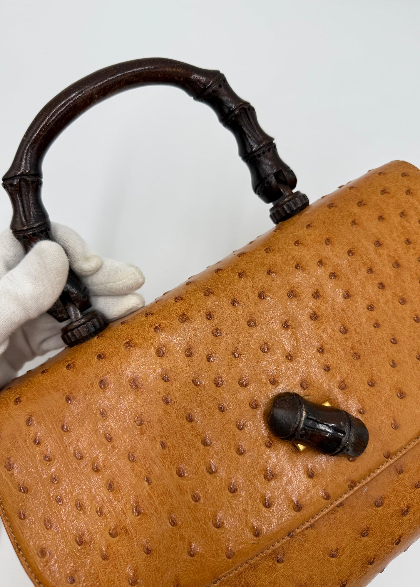 Gucci Borsa Vintage Convertible Bamboo Top Handle in Struzzo Cognac
