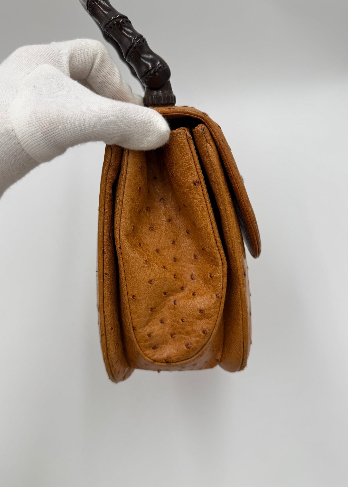 Gucci Borsa Vintage Convertible Bamboo Top Handle in Struzzo Cognac