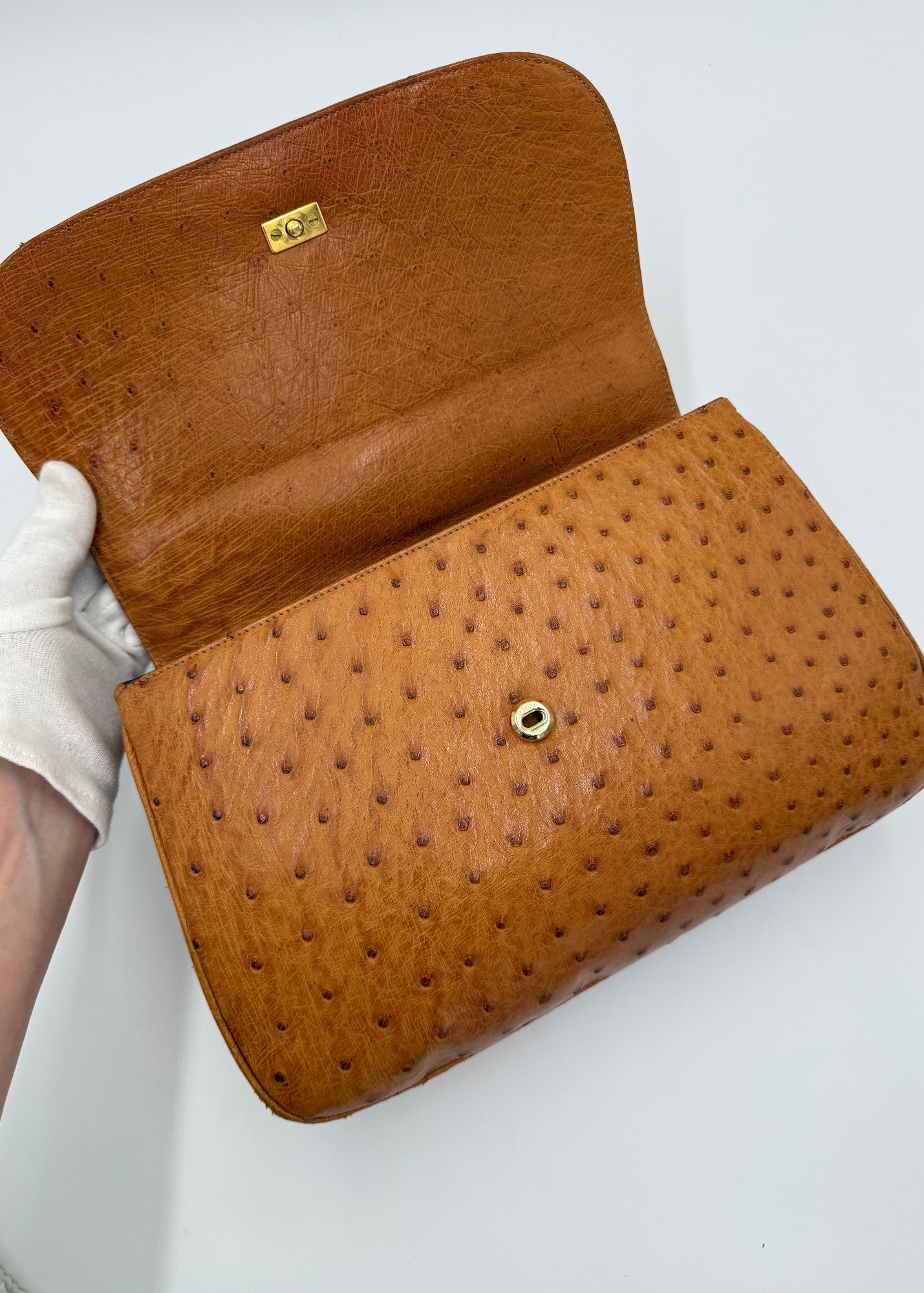 Gucci Borsa Vintage Convertible Bamboo Top Handle in Struzzo Cognac