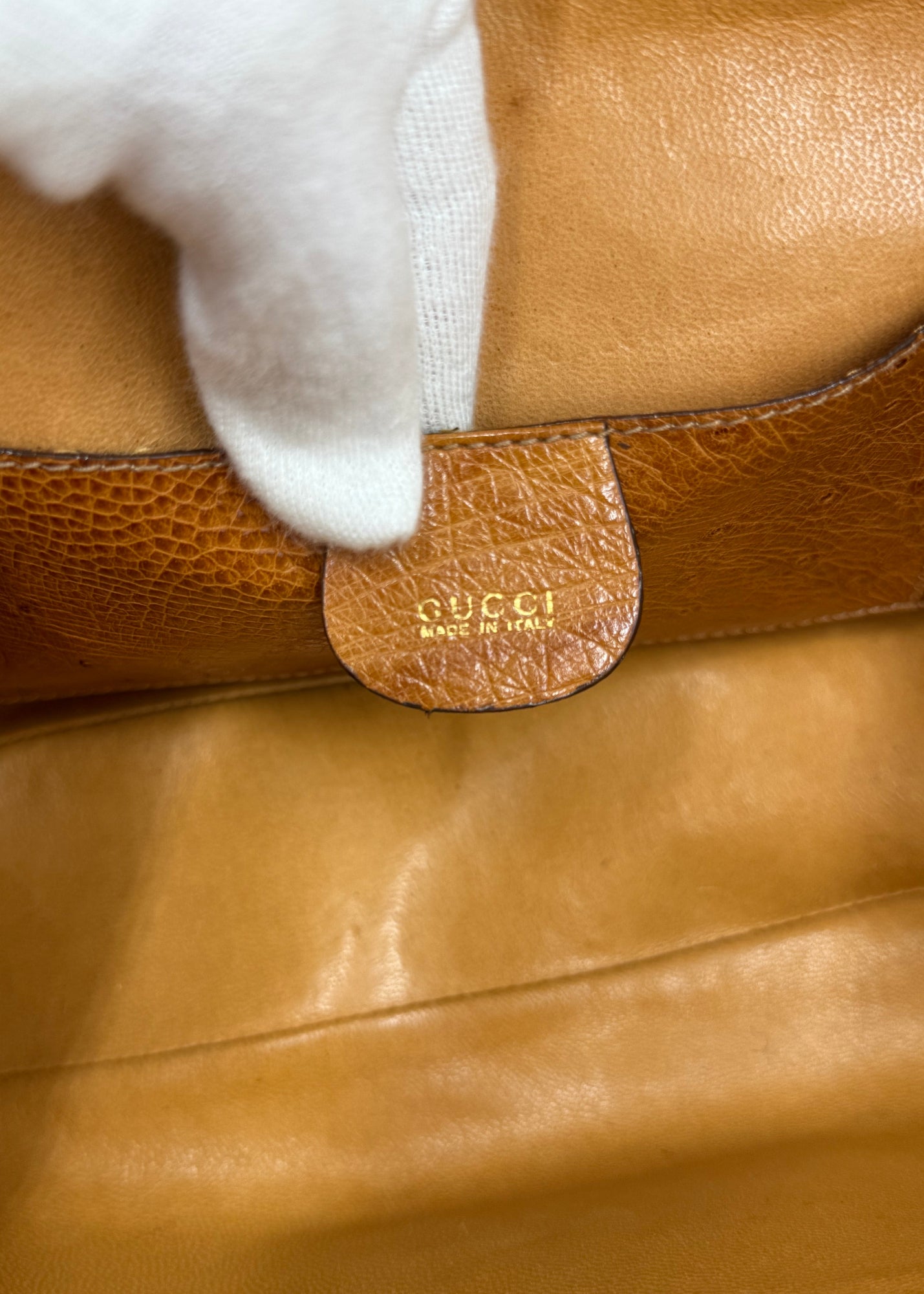 Gucci Borsa Vintage Convertible Bamboo Top Handle in Struzzo Cognac