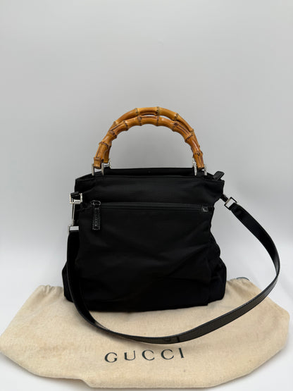 Gucci Borsa a Mano e Tracolla Bamboo in Nylon Nero Pally Vintage Closet