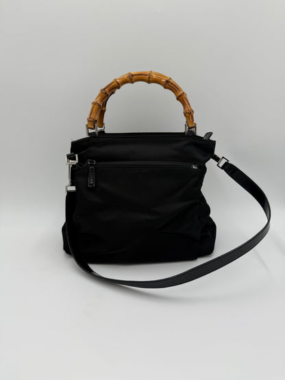 Gucci Borsa a Mano e Tracolla Bamboo in Nylon Nero Pally Vintage Closet