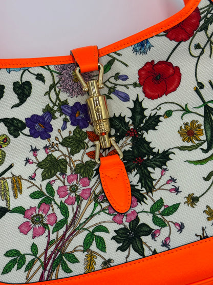Gucci Borsa a Spalla Jackie Flora in Pelle Arancione Neon - Pally Vintage Closet