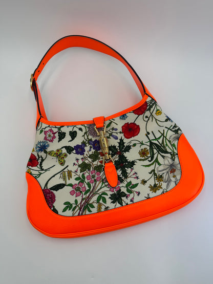 Gucci Borsa a Spalla Jackie Flora in Pelle Arancione Neon - Pally Vintage Closet