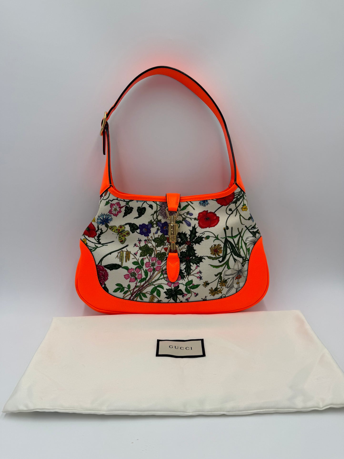 Gucci Borsa a Spalla Jackie Flora in Pelle Arancione Neon - Pally Vintage Closet