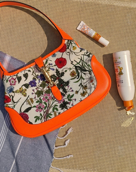 Gucci Borsa a Spalla Jackie Flora in Pelle Arancione Neon