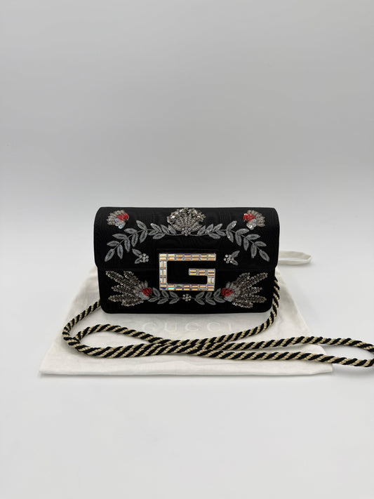 Gucci Borsa a Tracolla Broadway Crystal 'G' in Gros-Grain Ricamato Nero - Pally Vintage Closet