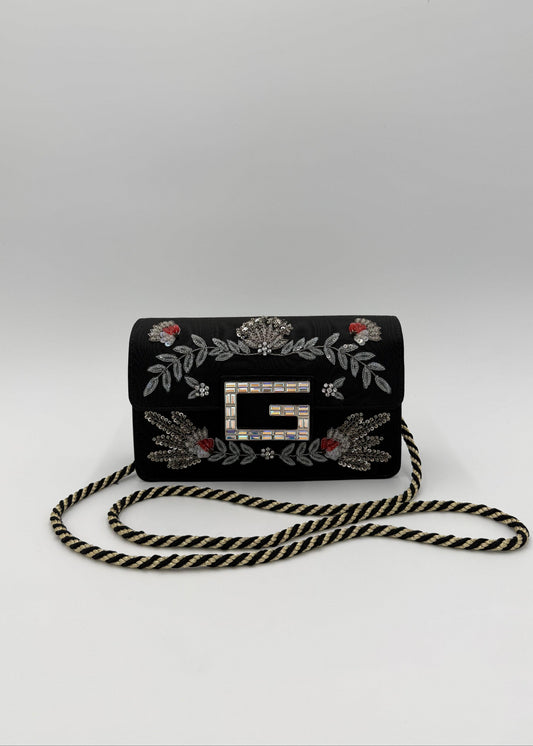 Gucci Borsa a Tracolla Broadway Crystal 'G' in Gros-Grain Ricamato Nero - Pally Vintage Closet