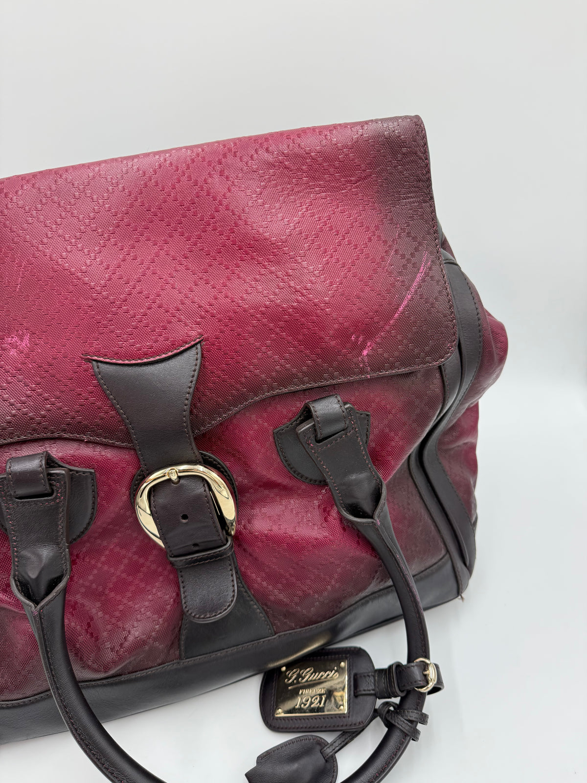 Gucci Borsone da Viaggio Firenze 1921 in Tela Jacquard Bordeaux e Pelle Marrone Scuro