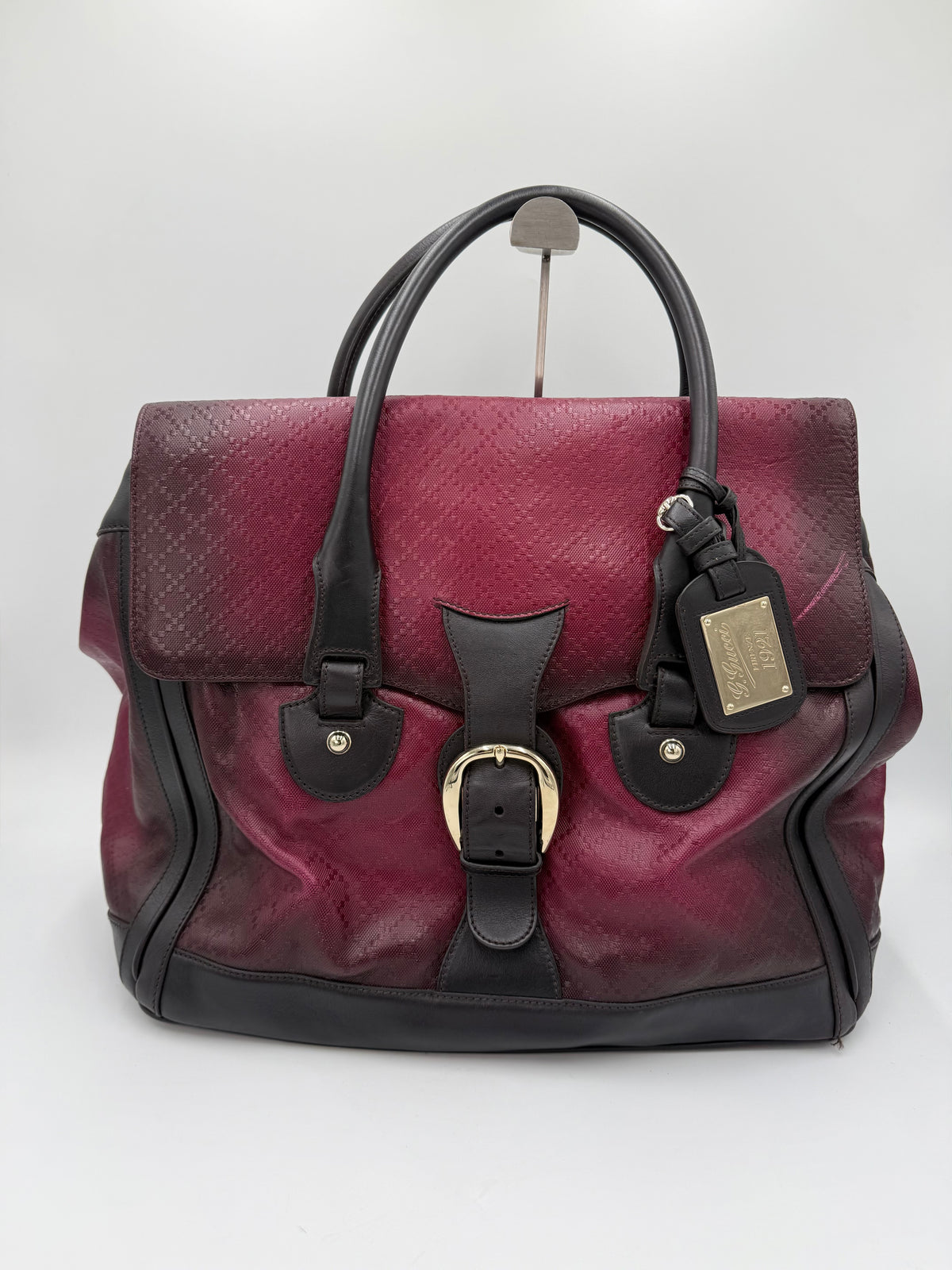 Gucci Borsone da Viaggio Firenze 1921 in Tela Jacquard Bordeaux e Pelle Marrone Scuro