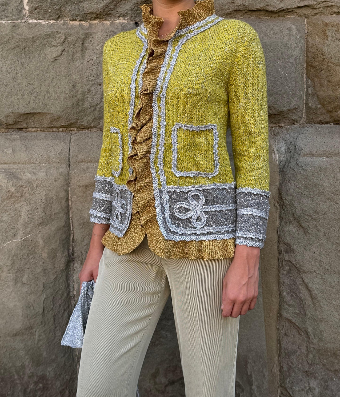 Gucci Cardigan in Maglia Metallica con Colletto Removibile Verde e Argento - Pally Vintage Closet