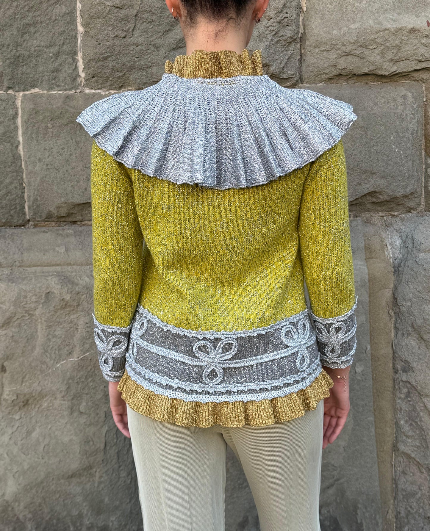Gucci Cardigan in Maglia Metallica con Colletto Removibile Verde e Argento - Pally Vintage Closet