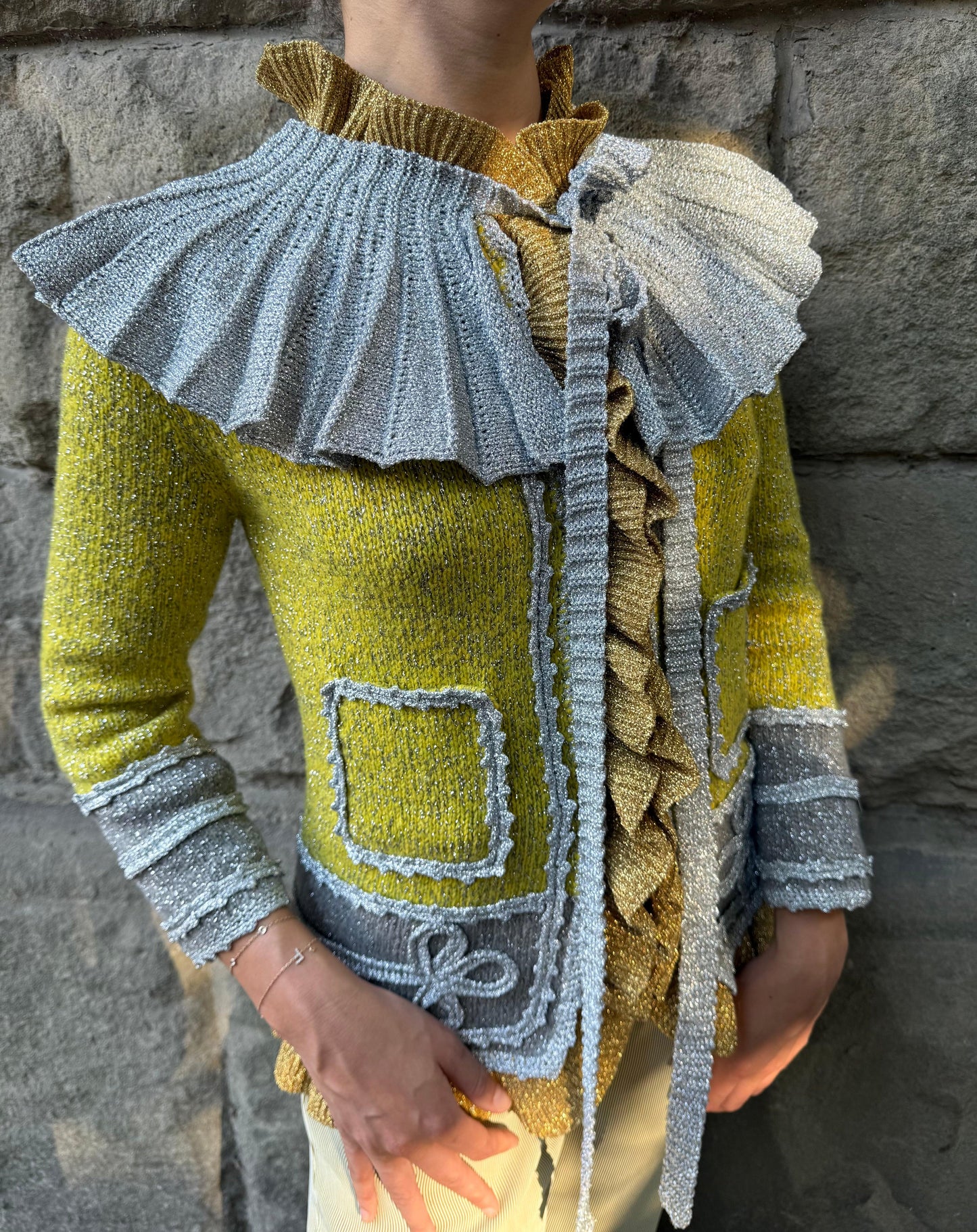 Gucci Cardigan in Maglia Metallica con Colletto Removibile Verde e Argento - Pally Vintage Closet