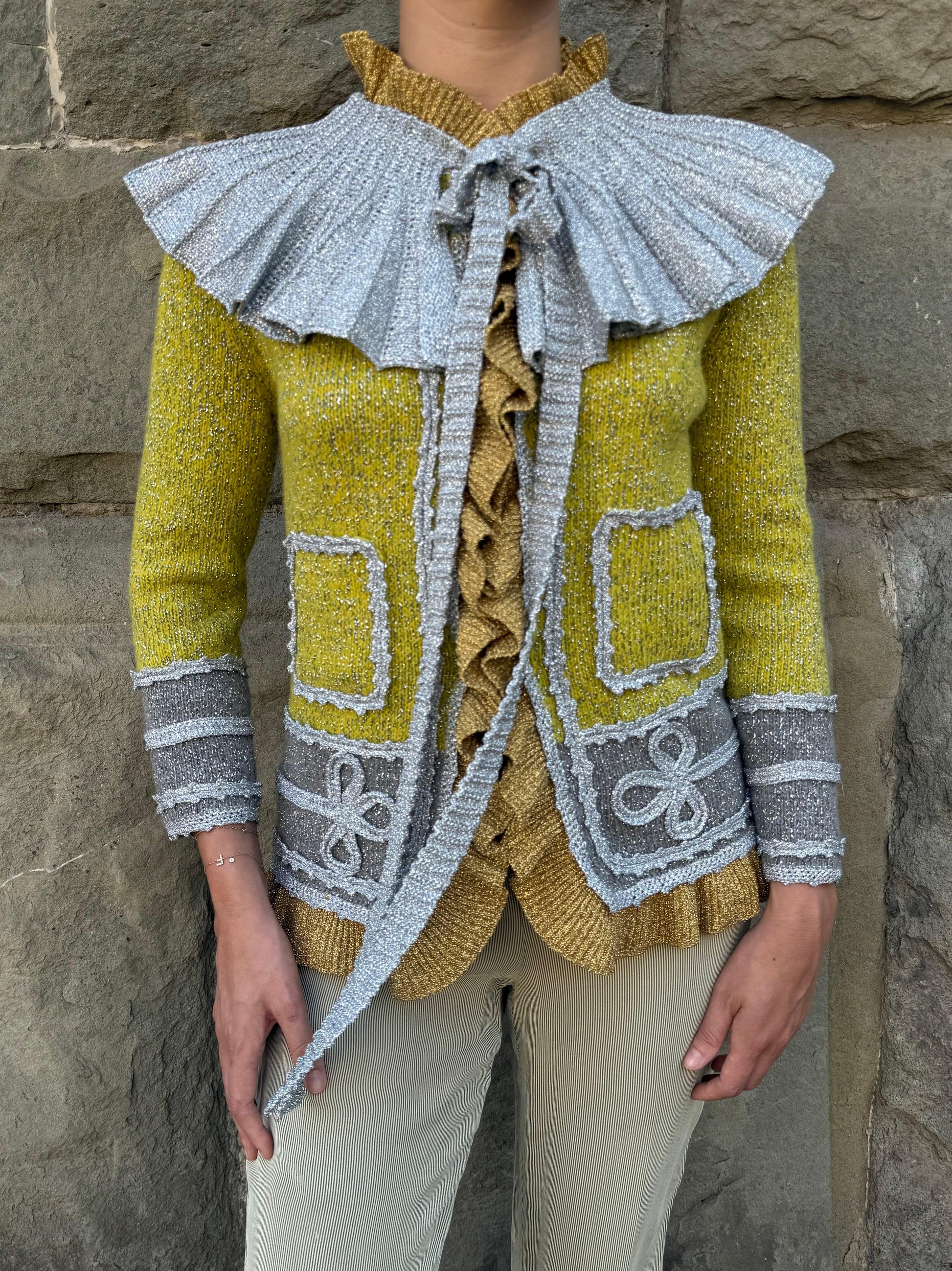 Gucci Cardigan in Maglia Metallica con Colletto Removibile Verde e Argento - Pally Vintage Closet