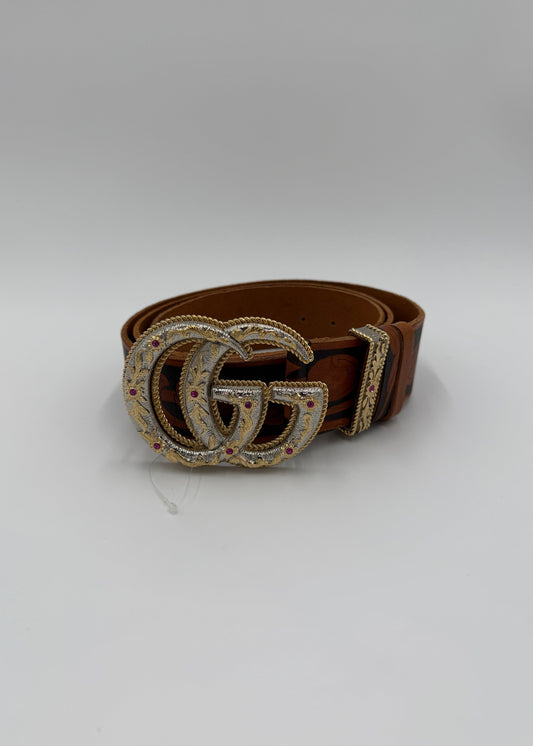 Gucci Cintura GG Buckle Cowboy Maxi Fibbia Marrone