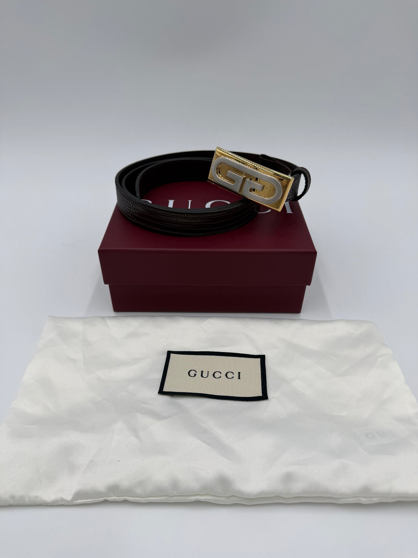 Gucci Cintura in Pelle di Lucertola Framed G Marrone - Pally Vintage Closet