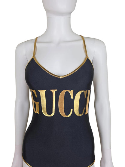 Gucci Costume Intero con Maxi Logo Dorato Nero - Pally Vintage Closet