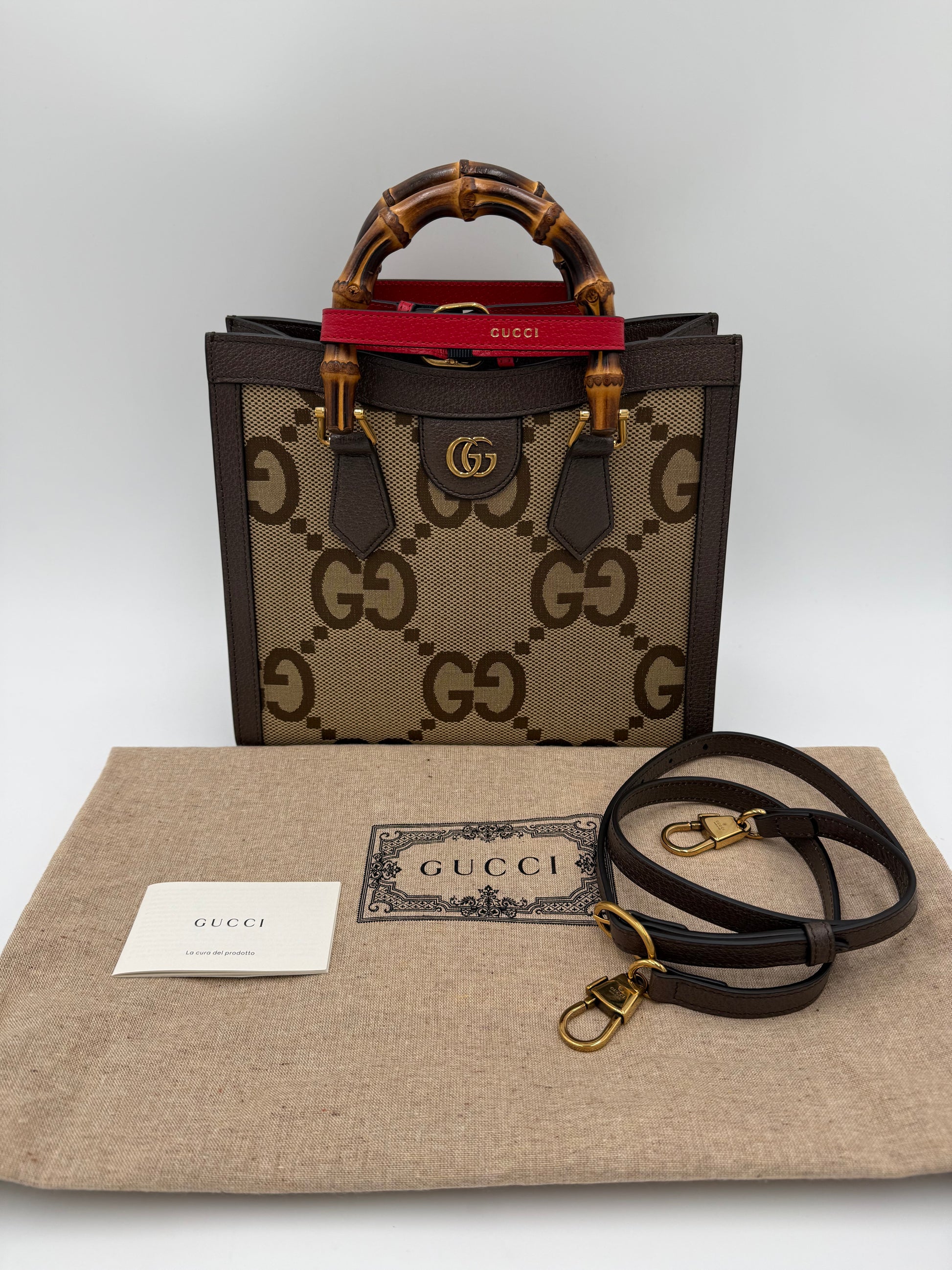 Gucci Diana Media Tote in Tessuto Jumbo GG e Bamboo Marrone - Pally Vintage Closet