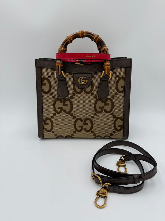 Gucci Diana Media Tote in Tessuto Jumbo GG e Bamboo Marrone - Pally Vintage Closet
