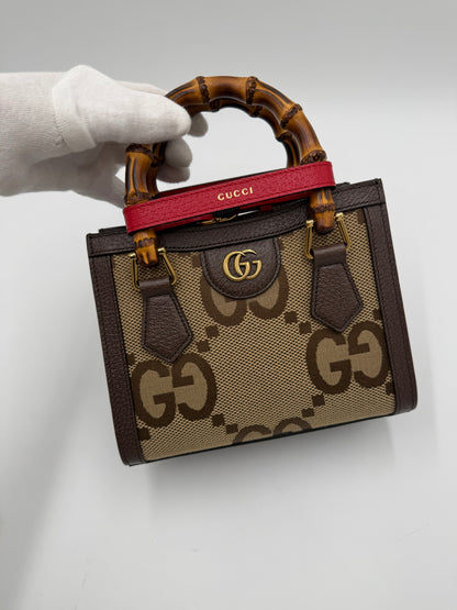 Gucci Diana Mini Tote in Tessuto Jumbo GG e Bamboo Marrone - Pally Vintage Closet