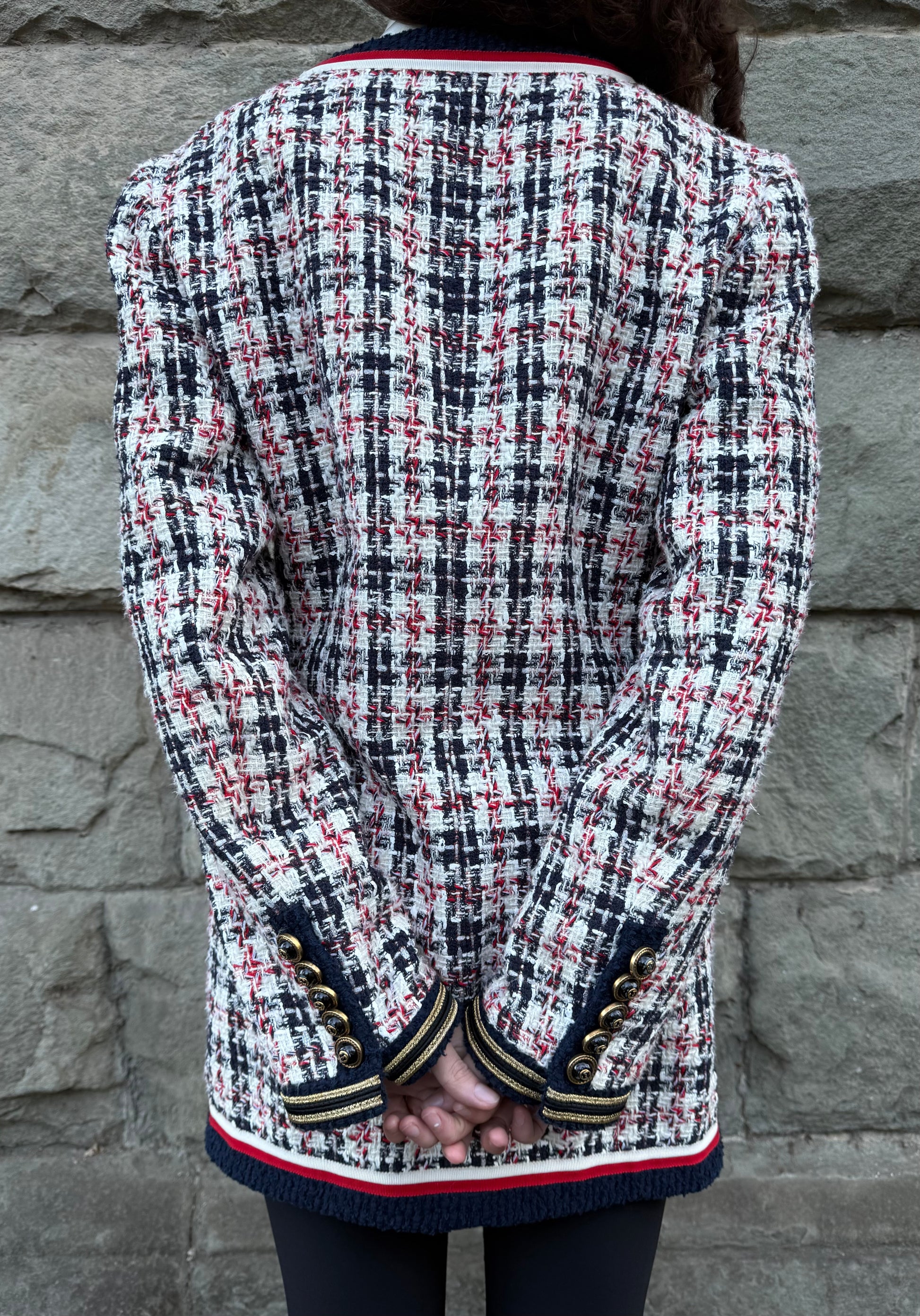 Gucci Giacca Cardigan in Tweed Web Stripe Bianco Blu - Pally Vintage Closet