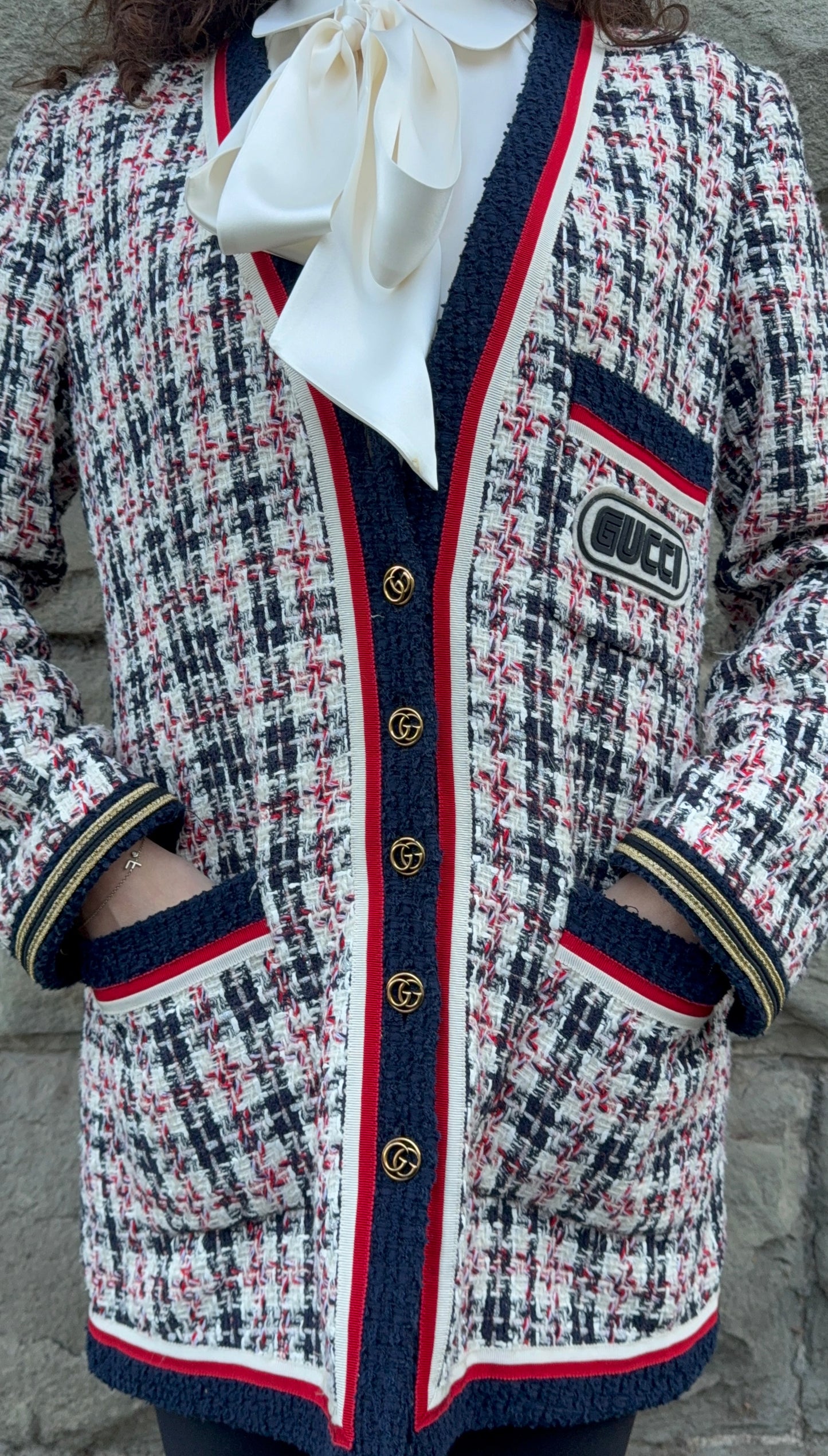 Gucci Giacca Cardigan in Tweed Web Stripe Bianco Blu - Pally Vintage Closet