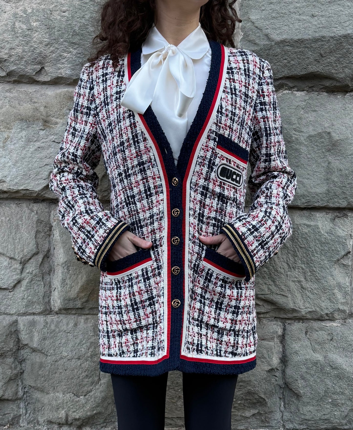 Gucci Giacca Cardigan in Tweed Web Stripe Bianco Blu - Pally Vintage Closet
