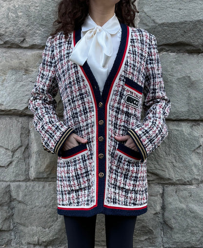 Gucci Giacca Cardigan in Tweed Web Stripe Bianco Blu - Pally Vintage Closet