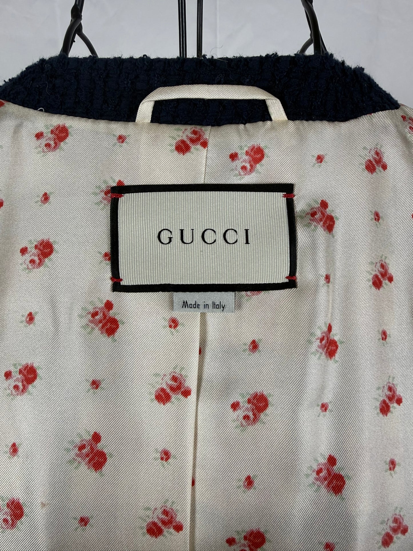 Gucci Giacca Cardigan in Tweed Web Stripe Bianco Blu - Pally Vintage Closet