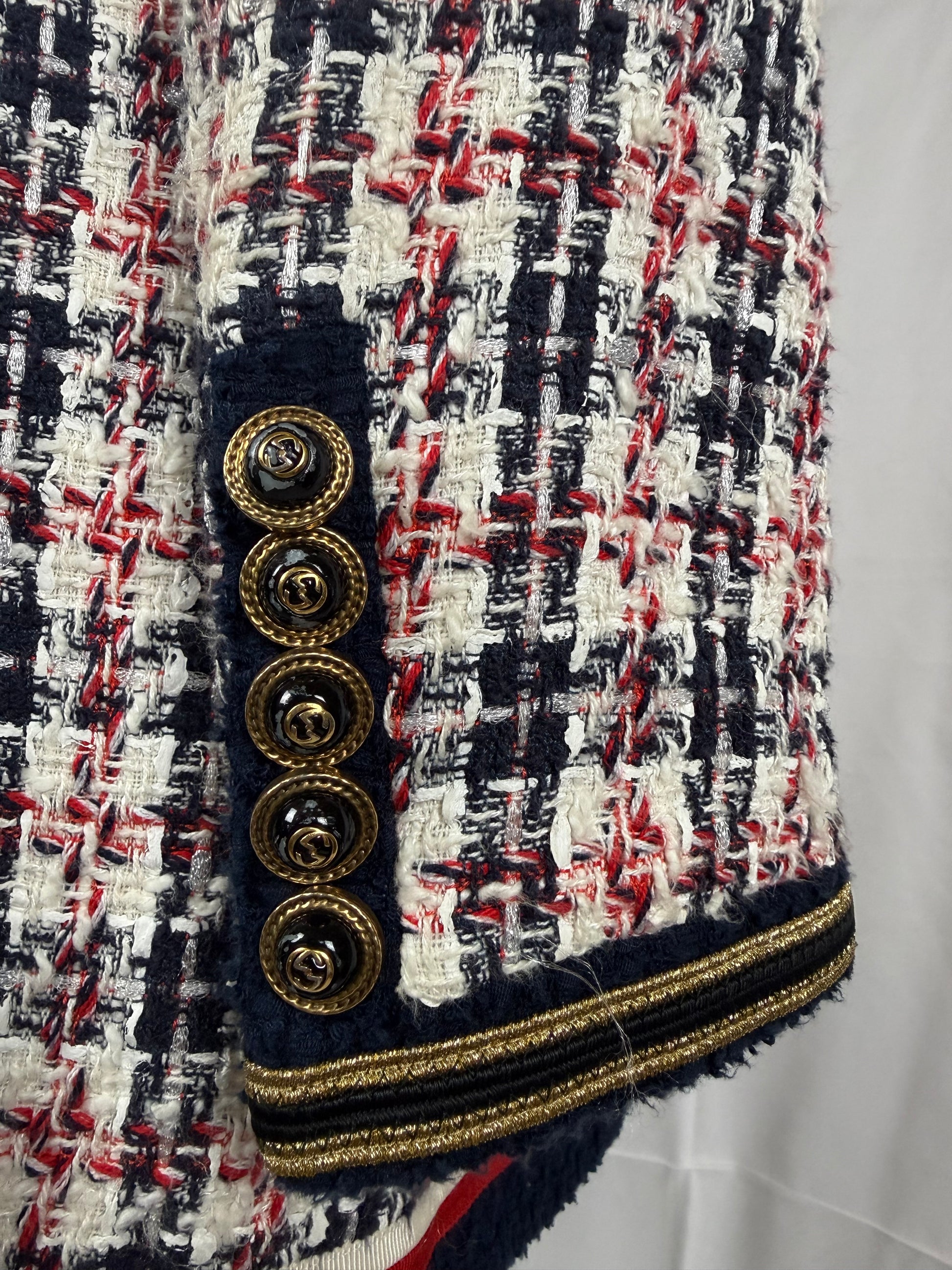 Gucci Giacca Cardigan in Tweed Web Stripe Bianco Blu - Pally Vintage Closet